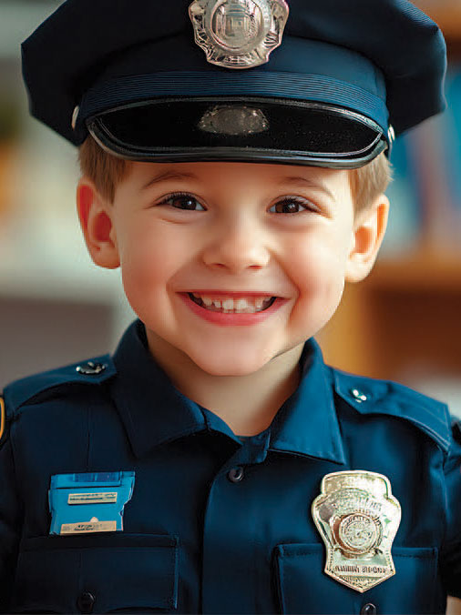 Child with police shirt and hat on smiling